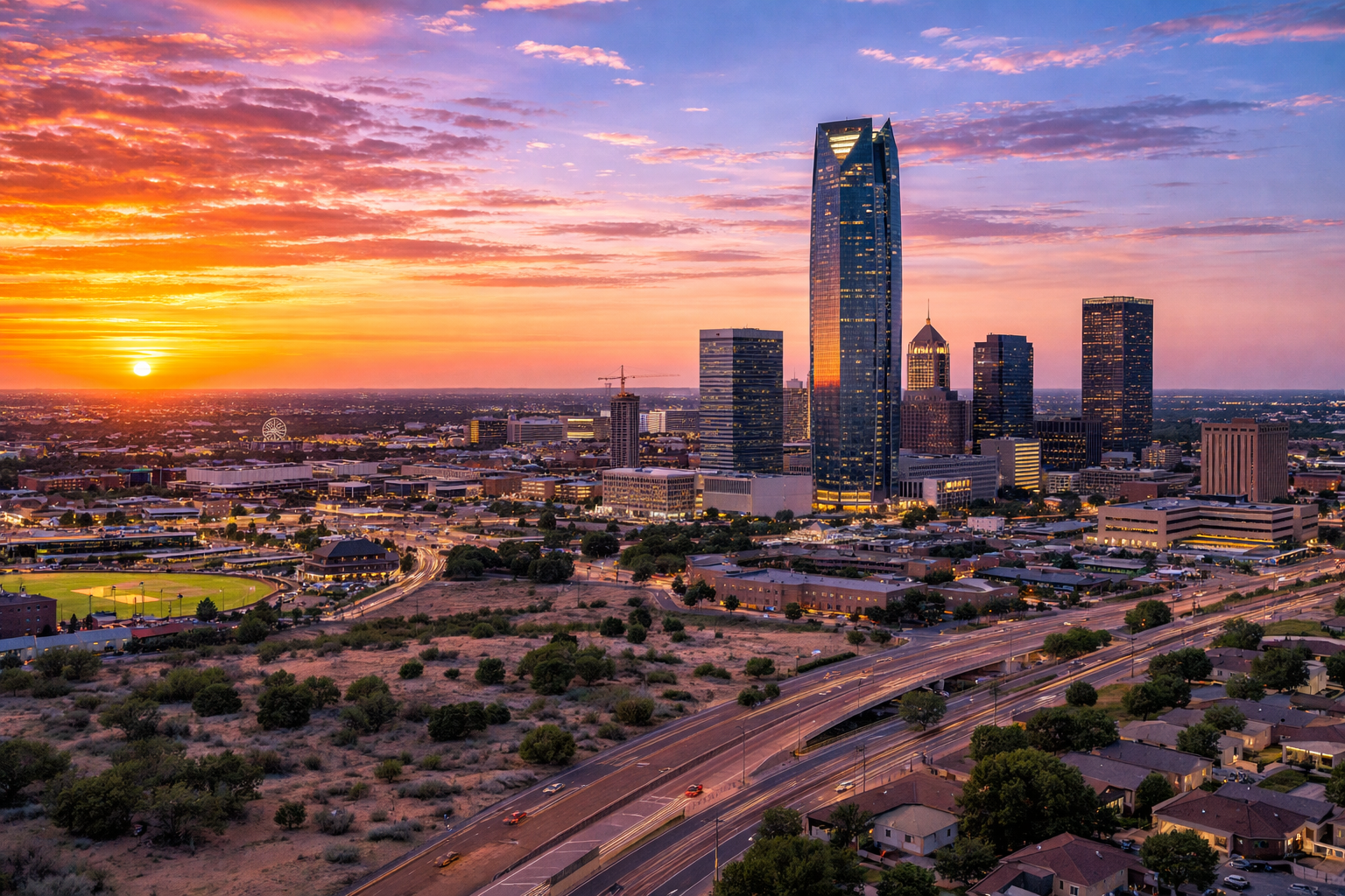 Oklahoma City, OK city skyline wallpaper at sunset, 1536x1024