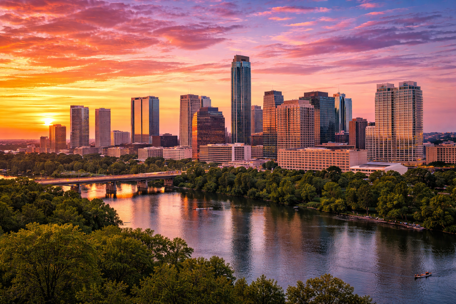 Austin, TX city skyline wallpaper at sunset, 1536x1024