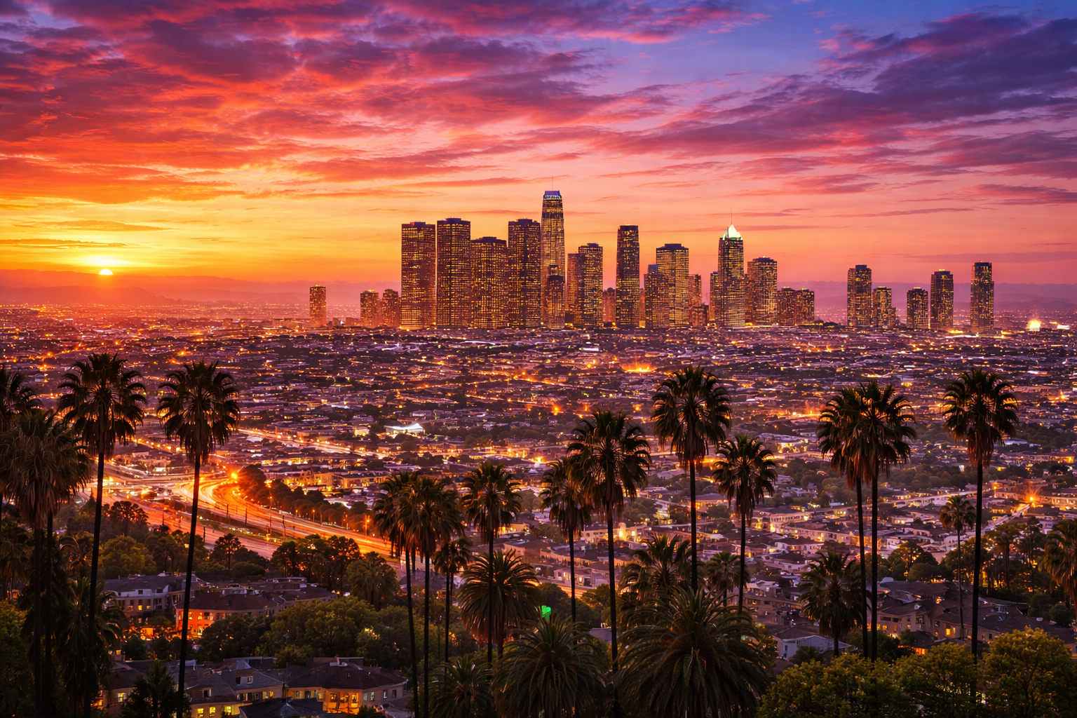 Los Angeles, CA city skyline wallpaper at sunset, 1536x1024
