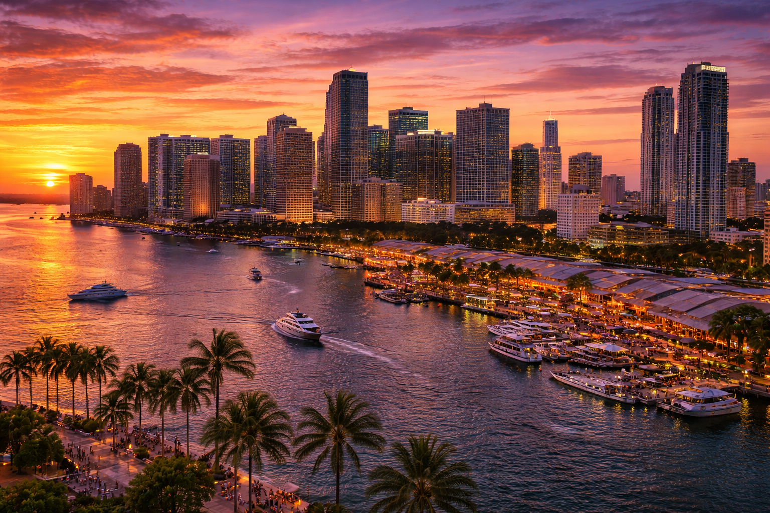 Miami, FL city skyline wallpaper at sunset, 1536x1024