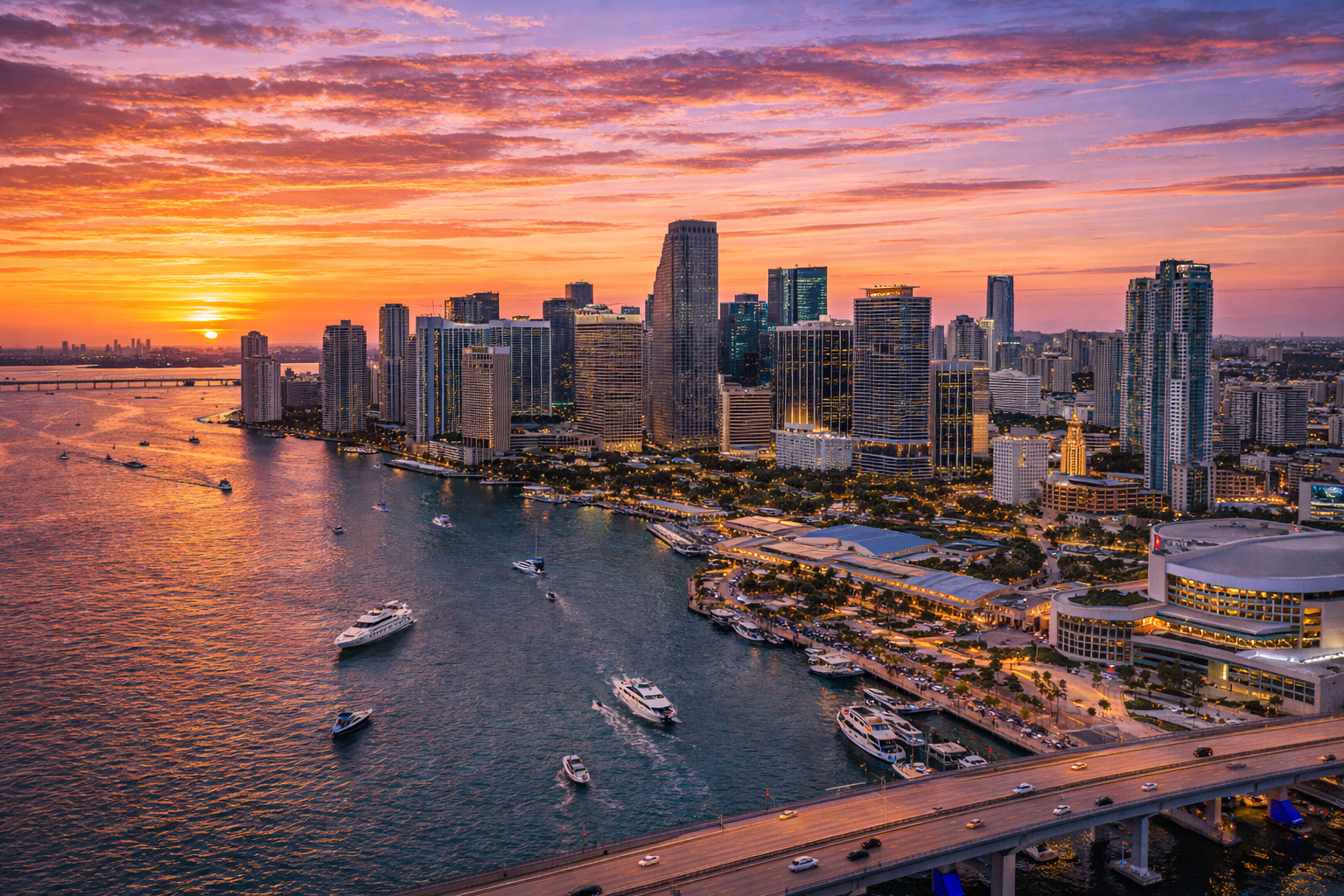 Miami, FL city skyline wallpaper at sunset, 1536x1024