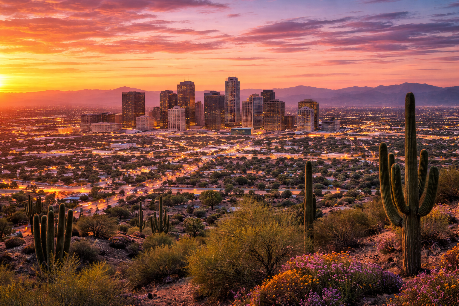 Phoenix, AZ city skyline wallpaper at sunset, 1536x1024