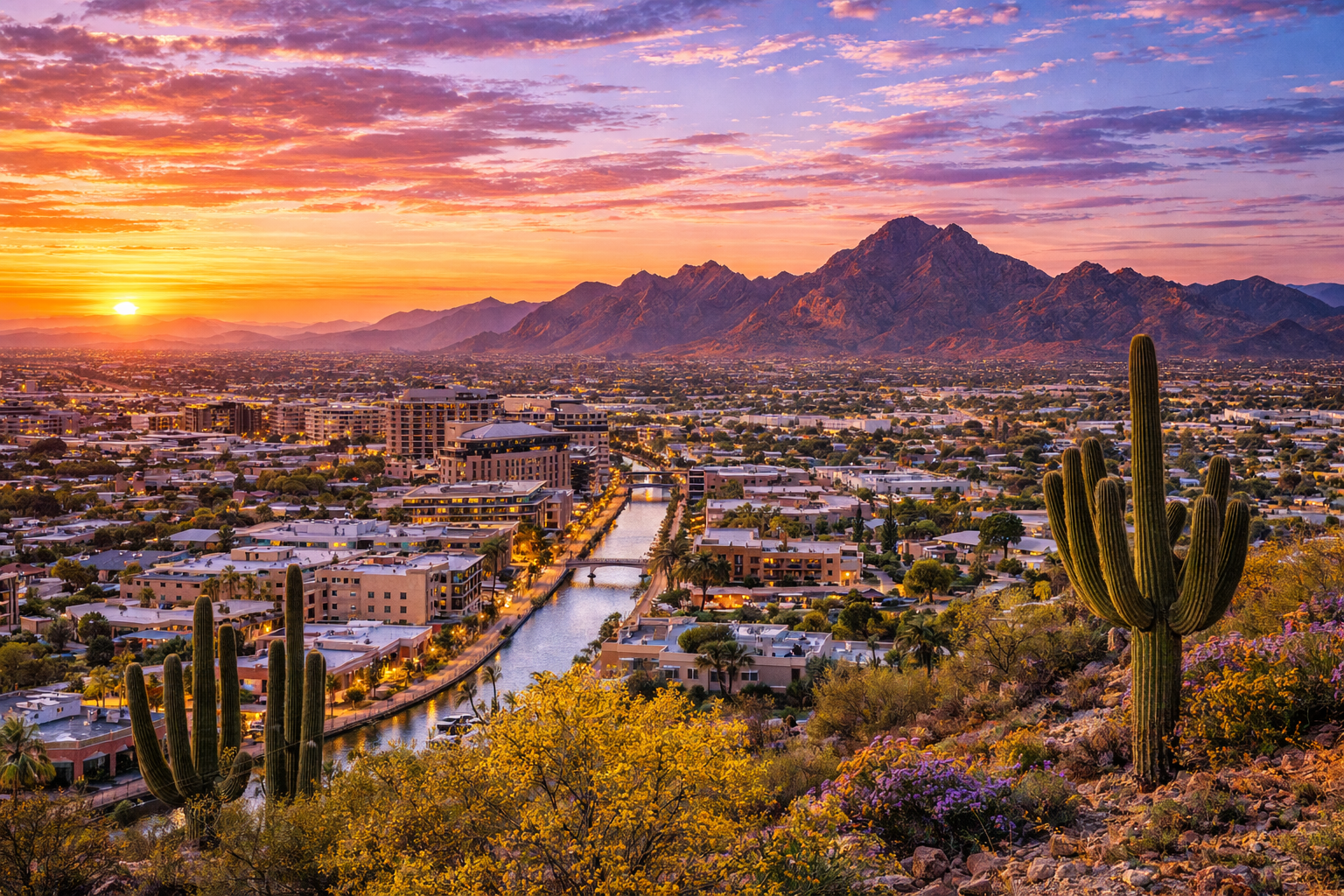 Scottsdale, AZ city skyline wallpaper at sunset, 1536x1024