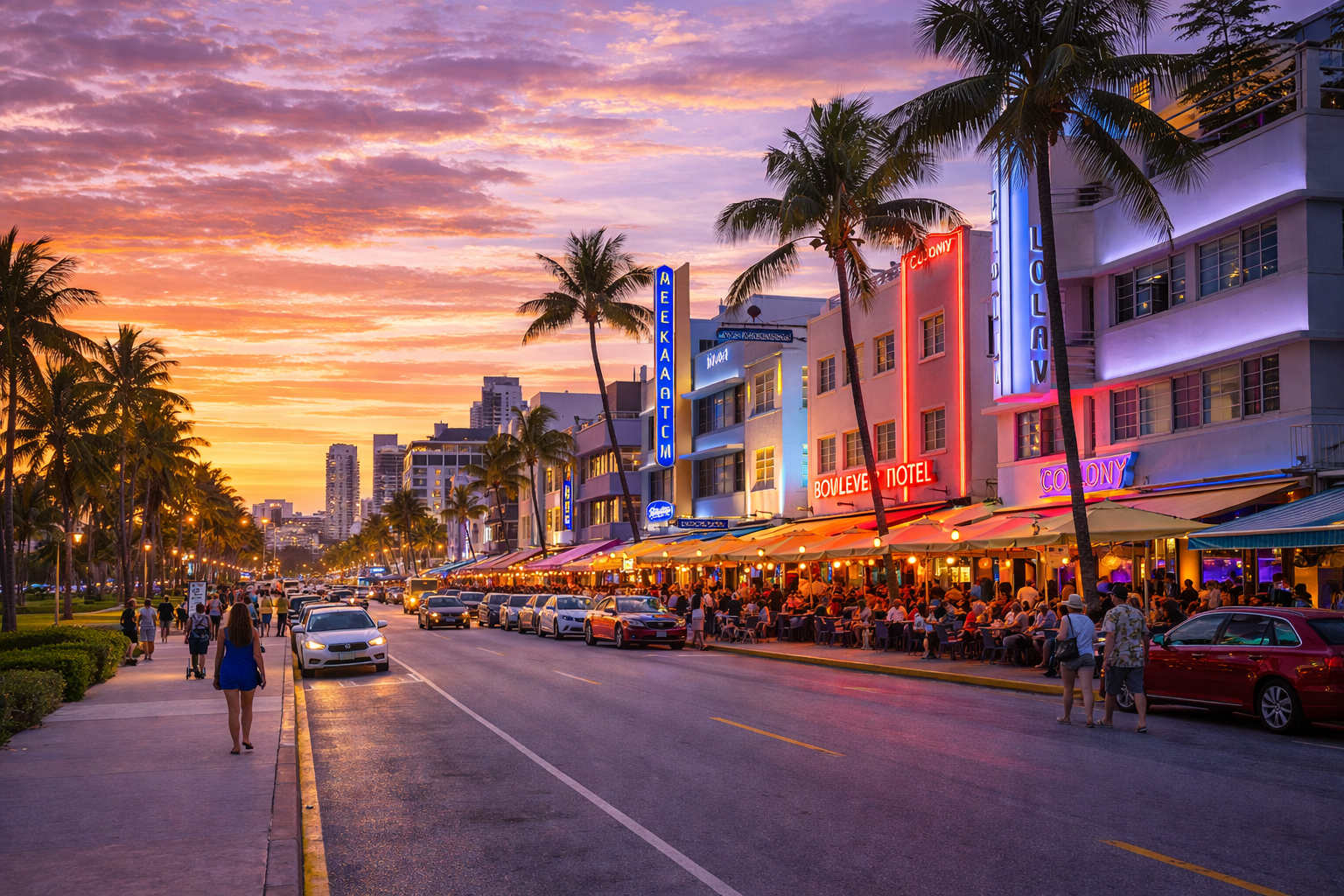 South Beach, Miami city skyline wallpaper at sunset, 1536x1024