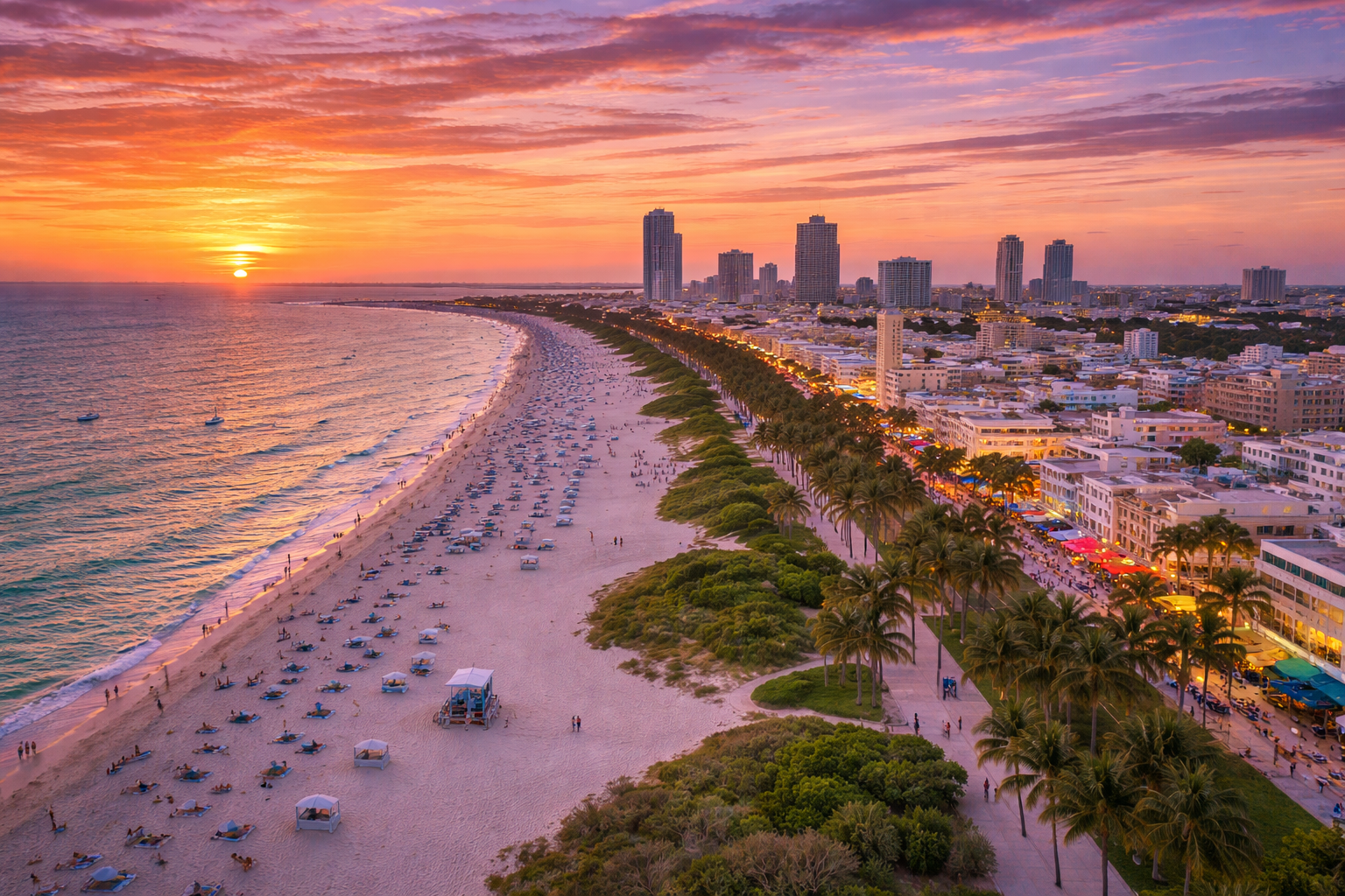 South Beach, Miami city skyline wallpaper at sunset, 1536x1024