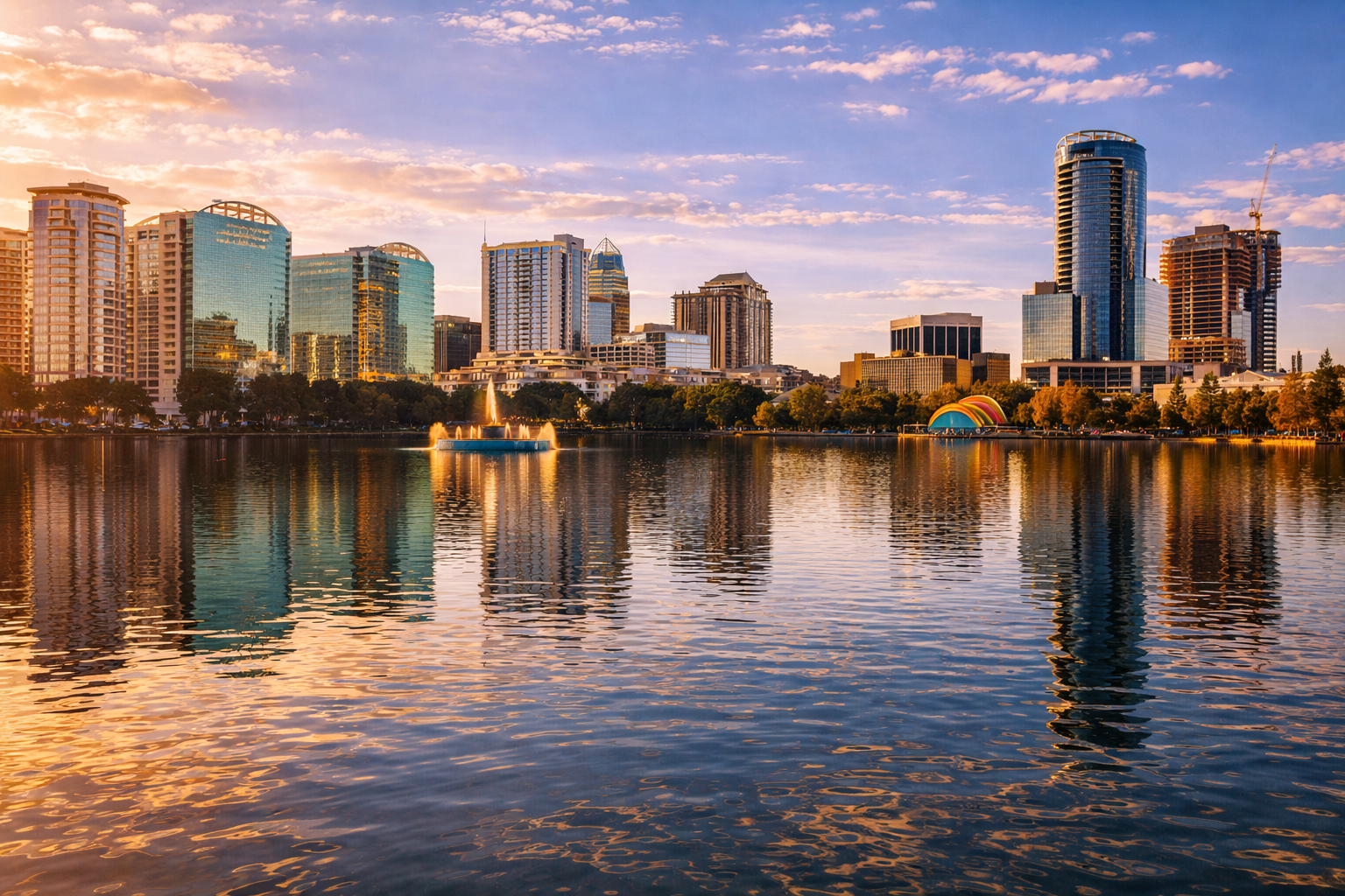 Orlando, FL city skyline wallpaper at sunset, 1536x1024