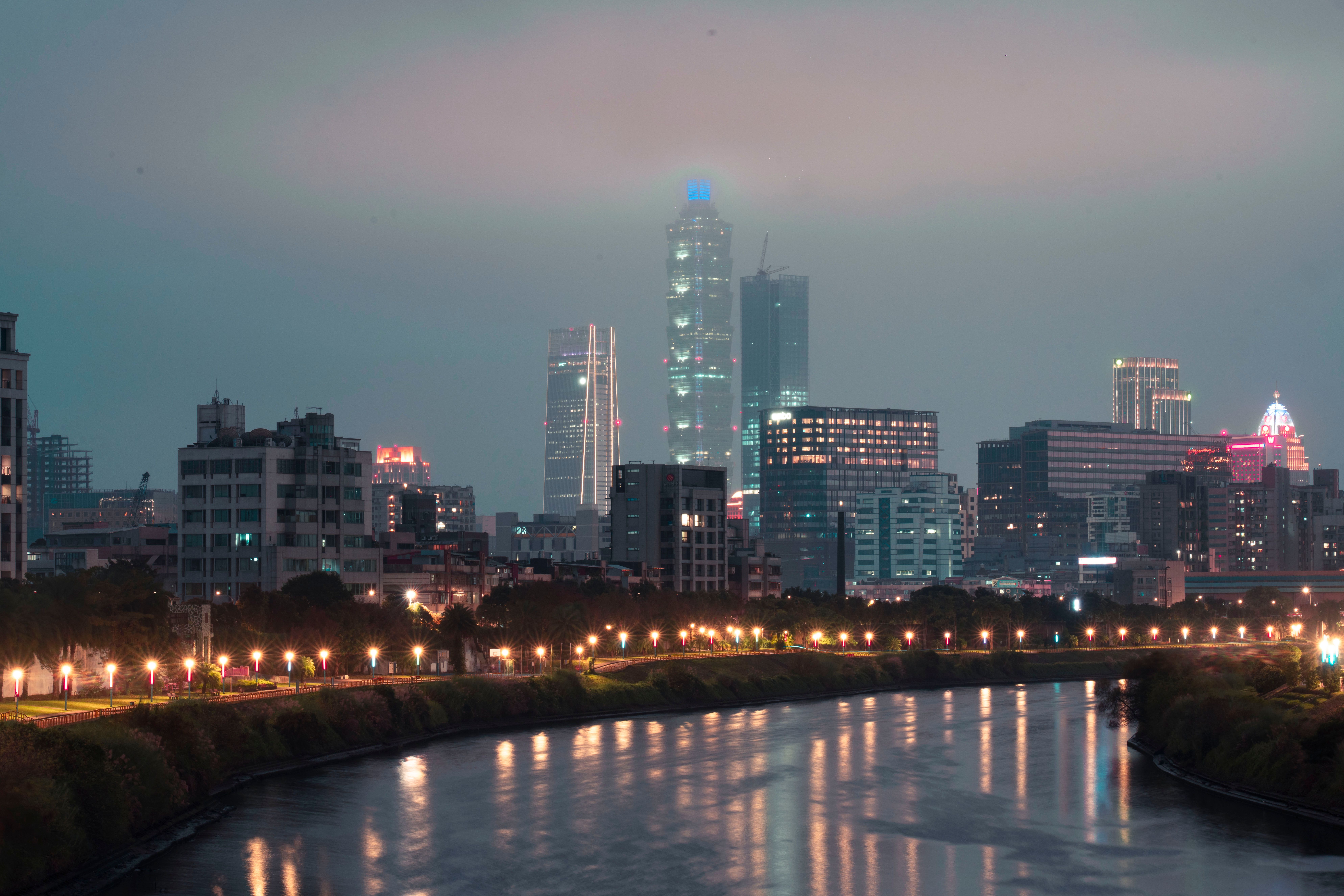 City Skyline Night city skyline wallpaper at sunset, 7952x5304