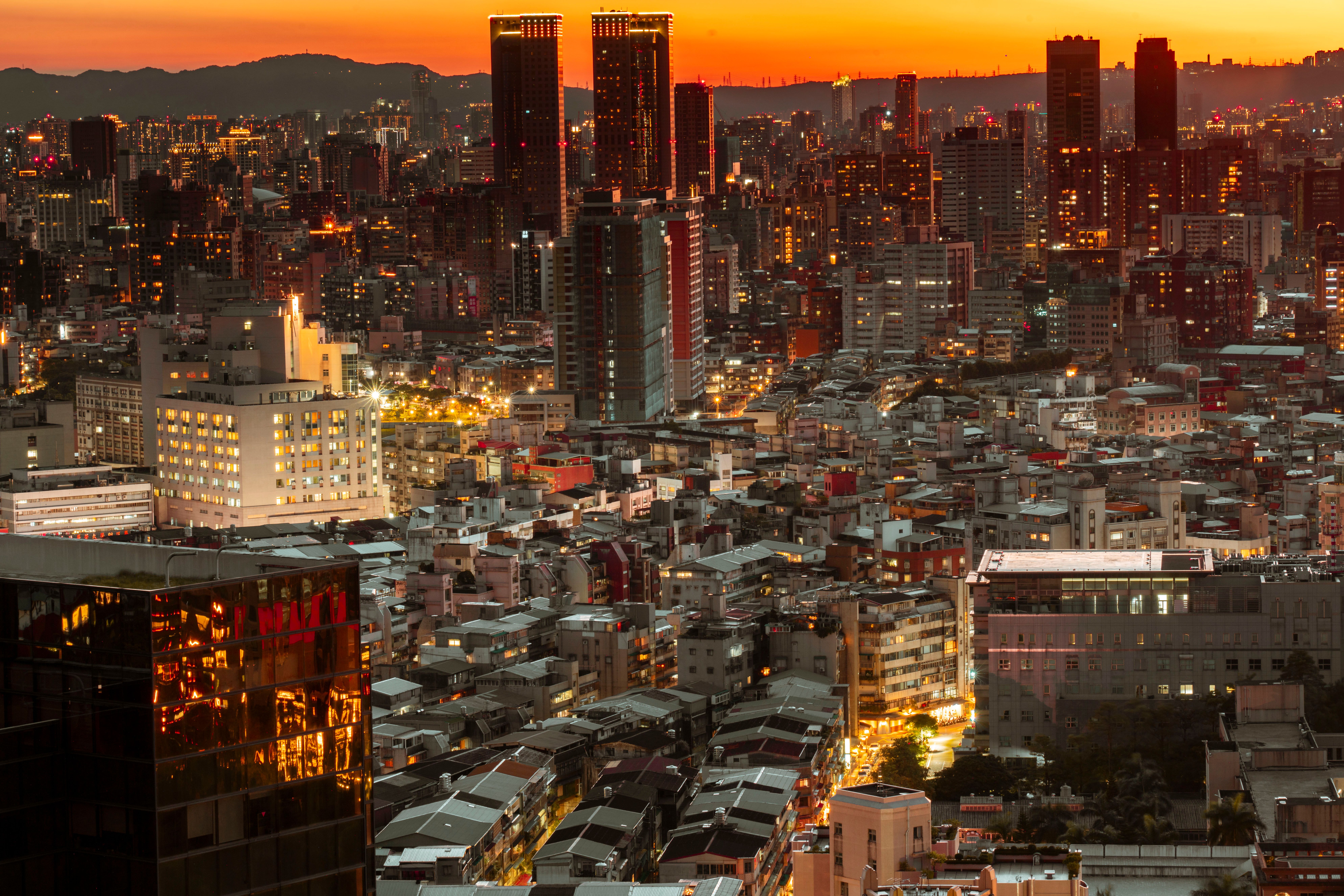 Urban Cityscape Sunset city skyline wallpaper at sunset, 7952x5304