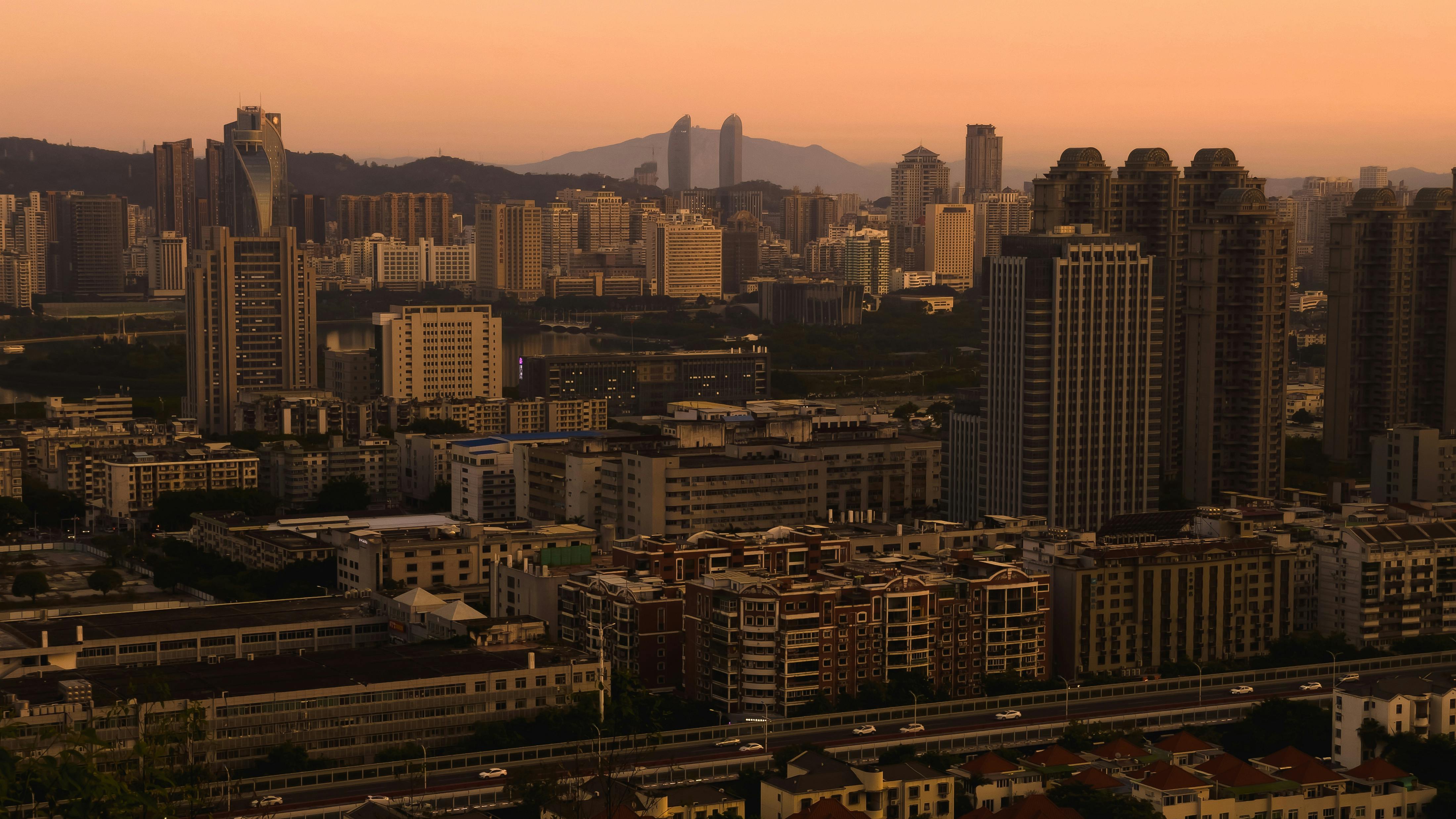Urban Cityscape Sunset city skyline wallpaper at sunset, 4400x2475