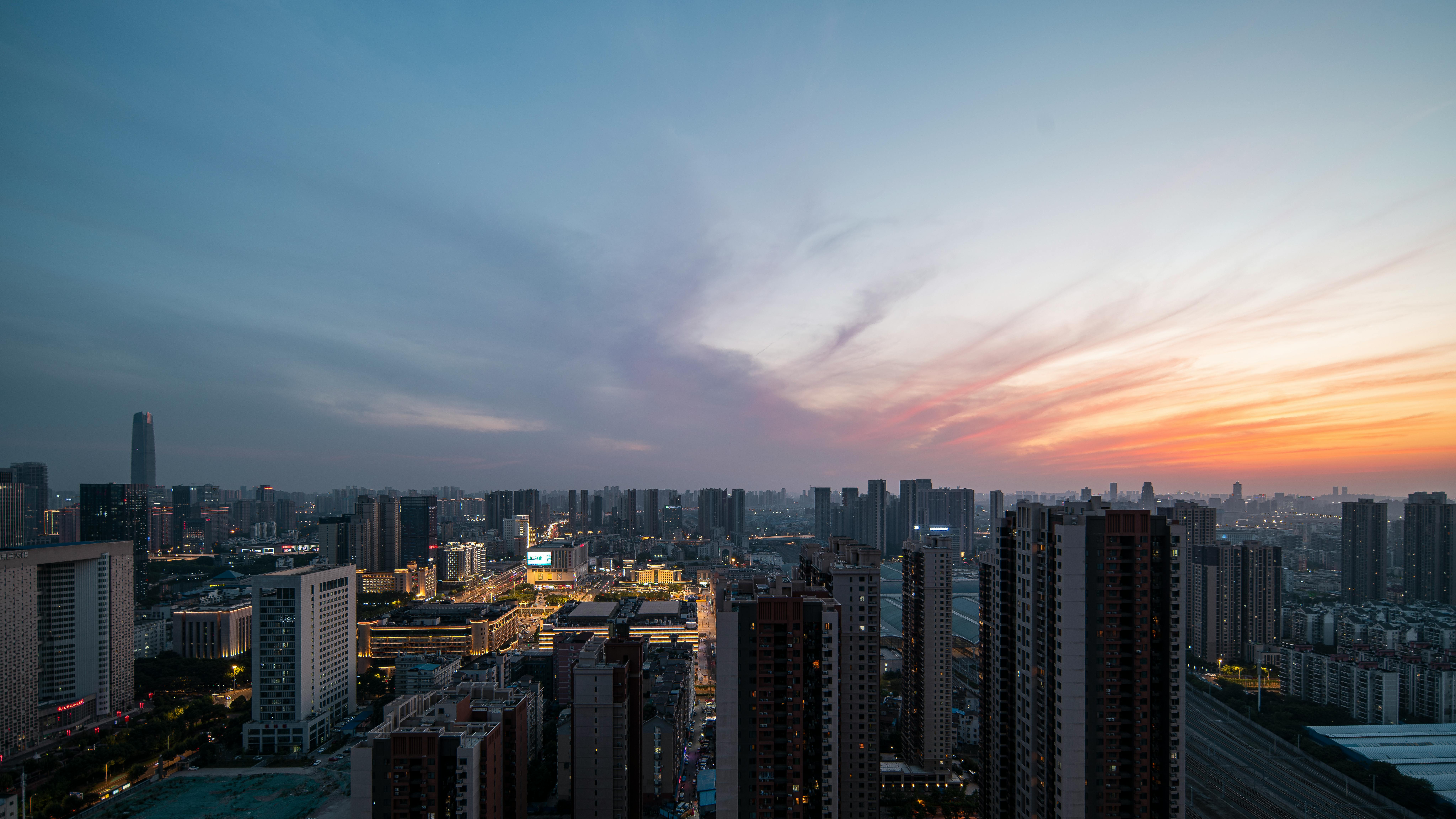 City Skyline Sunset city skyline wallpaper at sunset, 8192x4608