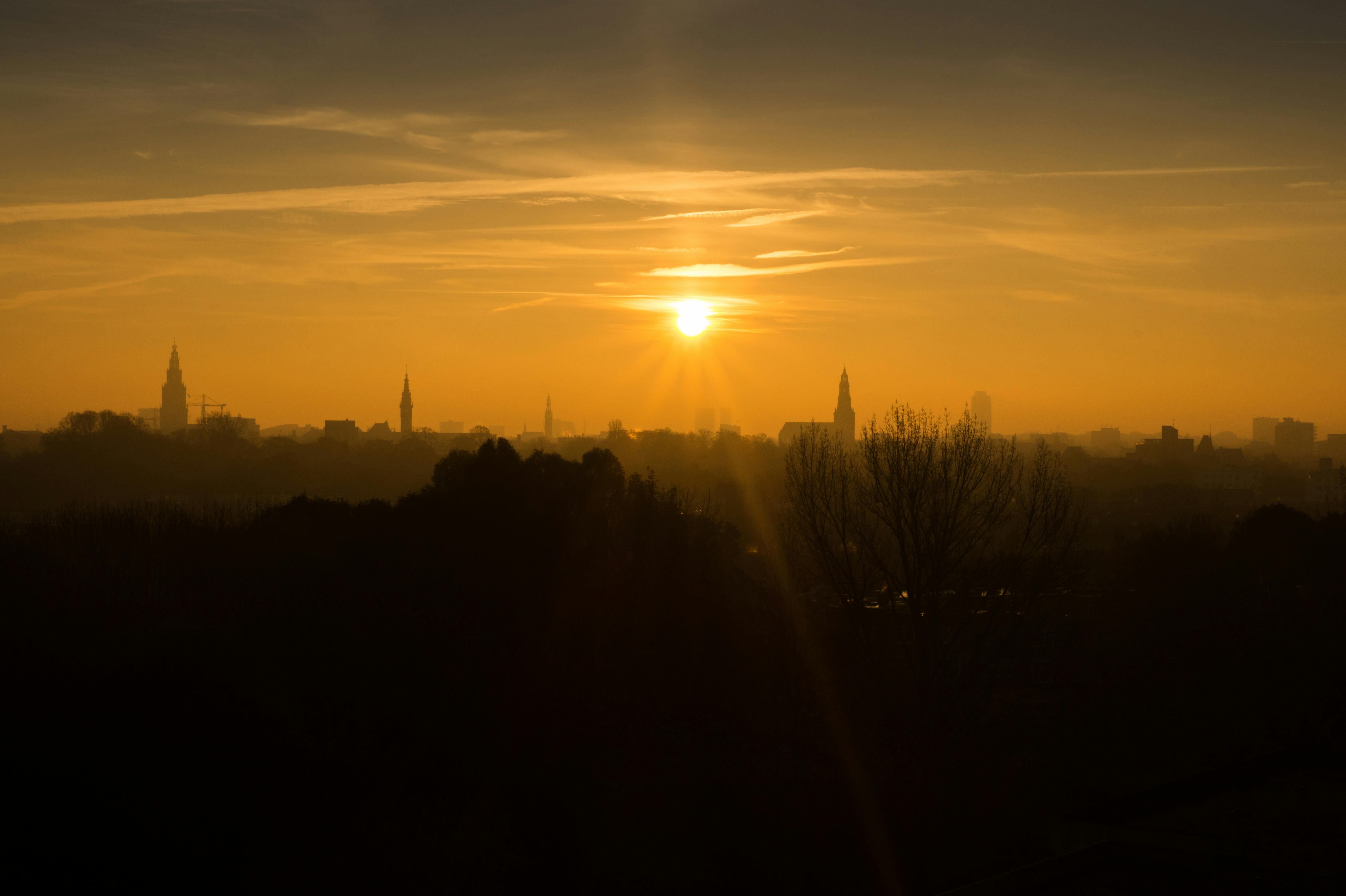 Urban Cityscape Sunset city skyline wallpaper at sunset, 5456x3632