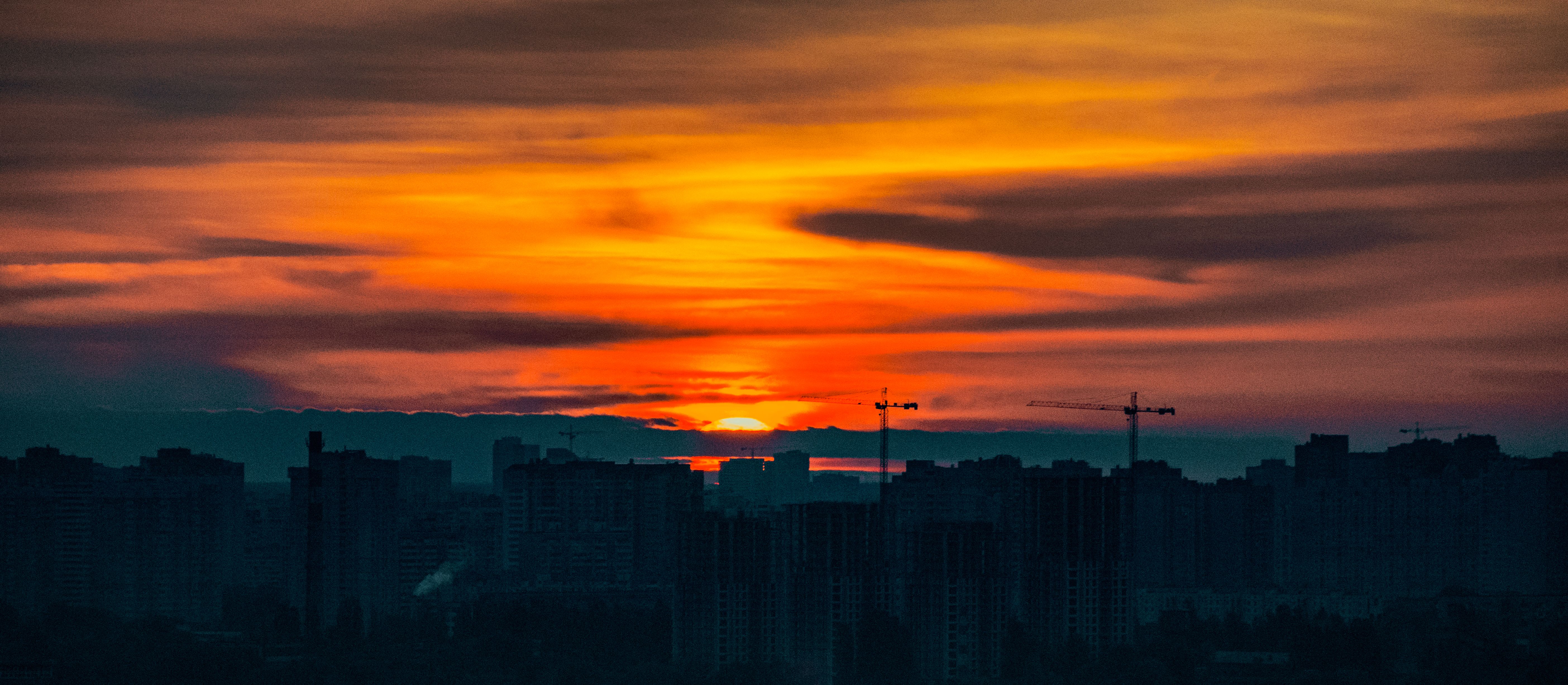 Urban Cityscape Sunset city skyline wallpaper at sunset, 5616x2454